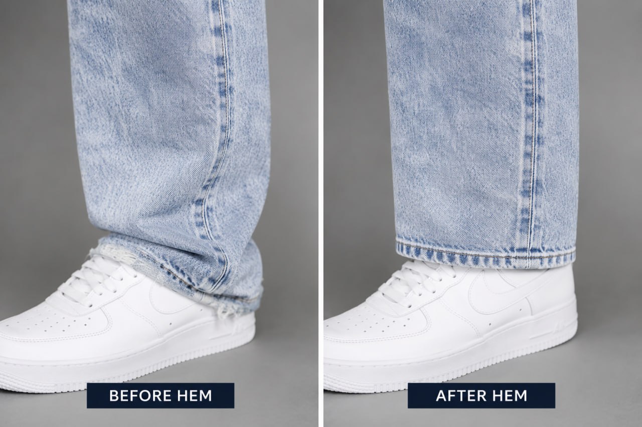Before and after jeans hem alteration with white sneakers
